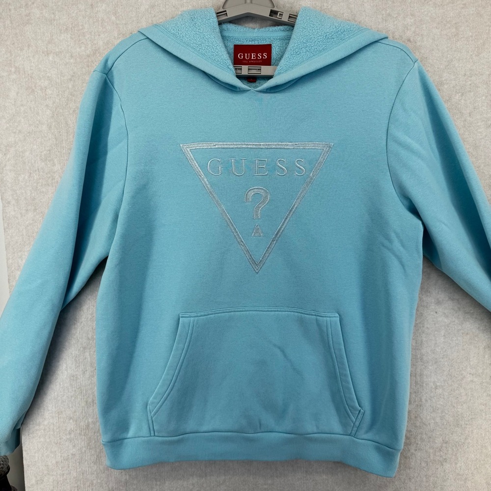 Guess Los Angeles Women L Blue Embroidered Triangle Logo Hoodie Sweatshirt